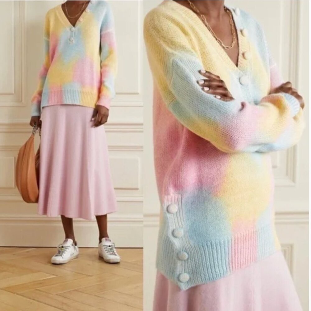LoveShackFancy Naveen Sweater Knit Top Alpaca Wool Henley Button Rainbow Small